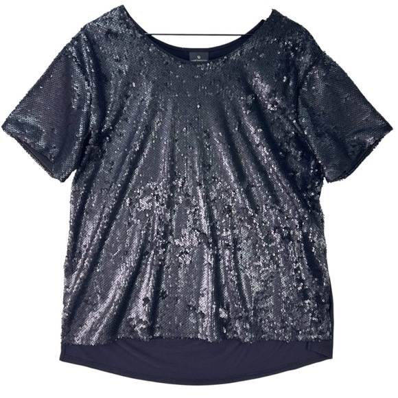Worthington Tops - WORTHINGTON Black & Silver Sparkle Sequin Short Sleeve Festive Disco Blouse Sz L